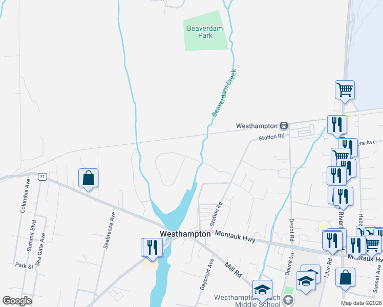 map of restaurants, bars, coffee shops, grocery stores, and more near 26 Lakeside Lane in Westhampton