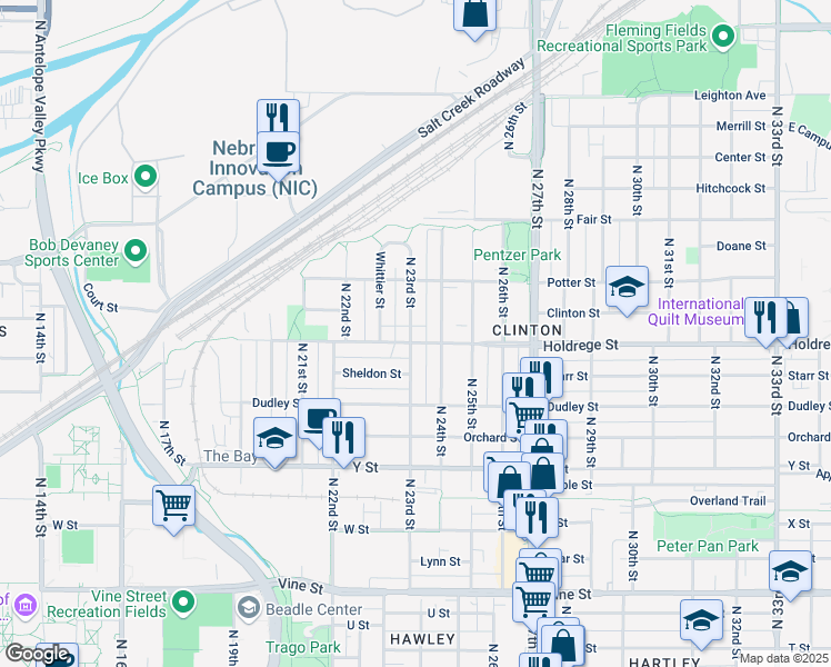 map of restaurants, bars, coffee shops, grocery stores, and more near 2302 Holdrege Street in Lincoln