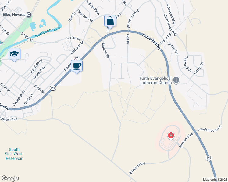map of restaurants, bars, coffee shops, grocery stores, and more near 1125 Metzler Road in Elko