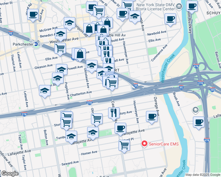 map of restaurants, bars, coffee shops, grocery stores, and more near Castle Hill Avenue & Chatterton Avenue in Bronx
