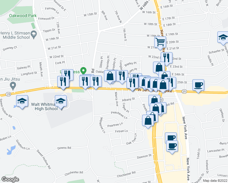 map of restaurants, bars, coffee shops, grocery stores, and more near 234 West Jericho Turnpike in Huntington Station