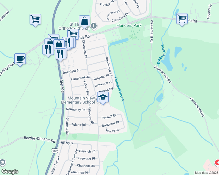 map of restaurants, bars, coffee shops, grocery stores, and more near 13 Linwood Road in Mount Olive