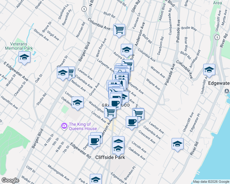 map of restaurants, bars, coffee shops, grocery stores, and more near 695 Anderson Avenue in Cliffside Park