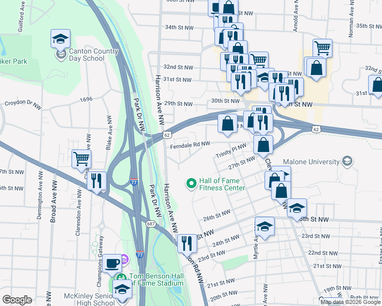map of restaurants, bars, coffee shops, grocery stores, and more near 1835 Hillcrest Road Northwest in Canton