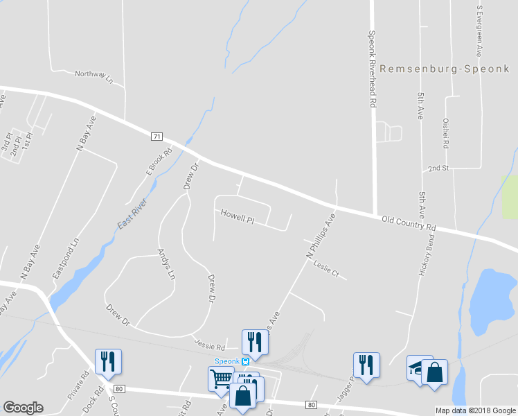 map of restaurants, bars, coffee shops, grocery stores, and more near 27 Howell Place in Center Moriches