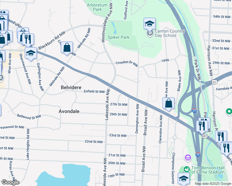 map of restaurants, bars, coffee shops, grocery stores, and more near 3050 Fulton Drive Northwest in Canton