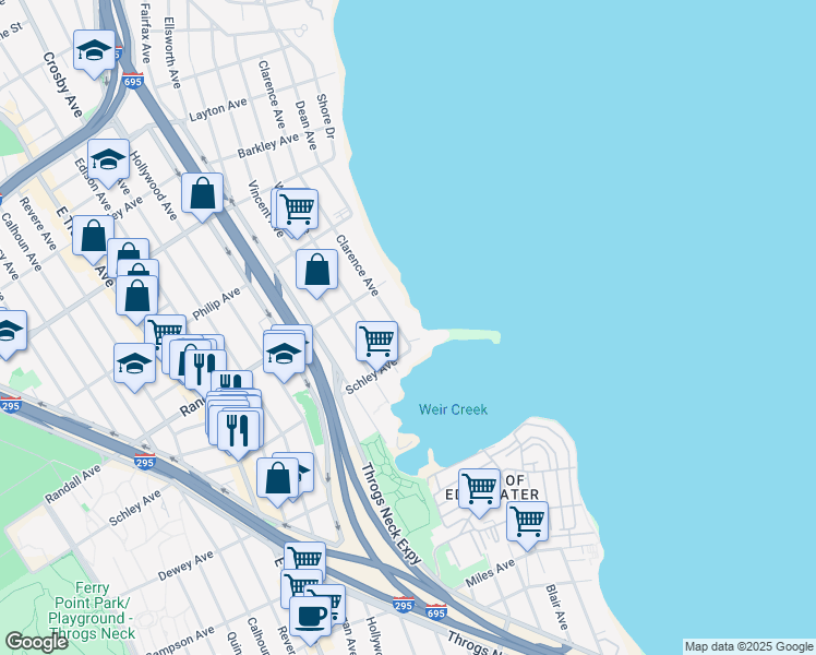 map of restaurants, bars, coffee shops, grocery stores, and more near 620 Clarence Avenue in The Bronx