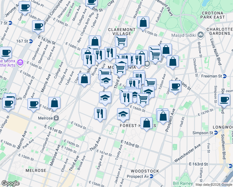 map of restaurants, bars, coffee shops, grocery stores, and more near 3416 Third Avenue in The Bronx