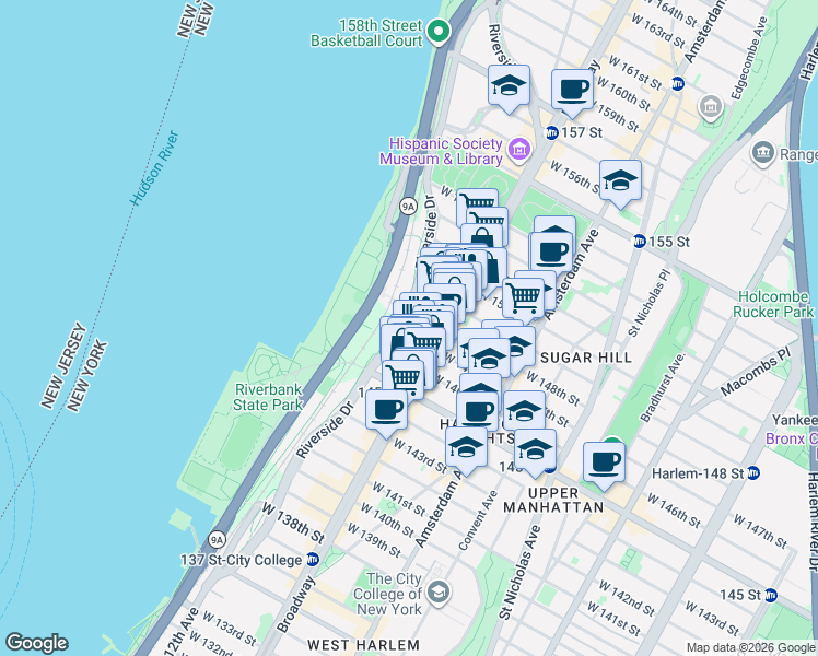 map of restaurants, bars, coffee shops, grocery stores, and more near 618 West 148th Street in New York
