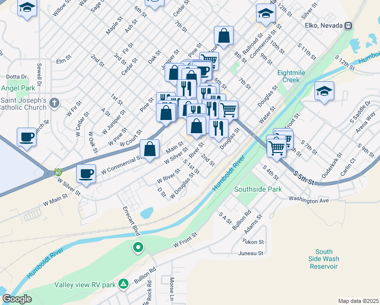 map of restaurants, bars, coffee shops, grocery stores, and more near 159 River Street in Elko