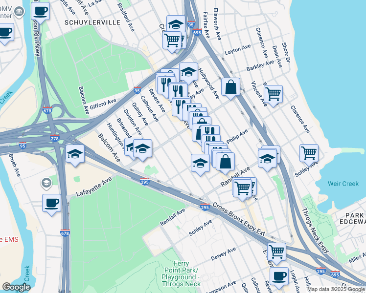 map of restaurants, bars, coffee shops, grocery stores, and more near 845 Revere Avenue in The Bronx