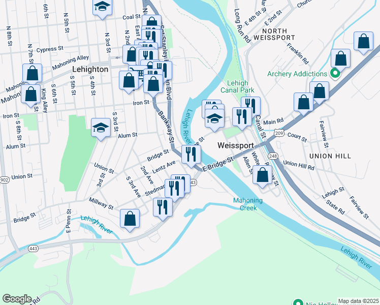map of restaurants, bars, coffee shops, grocery stores, and more near Lehigh Drive in Lehighton