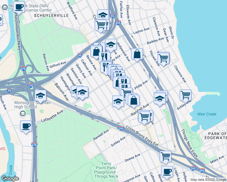 map of restaurants, bars, coffee shops, grocery stores, and more near 832 Revere Avenue in The Bronx
