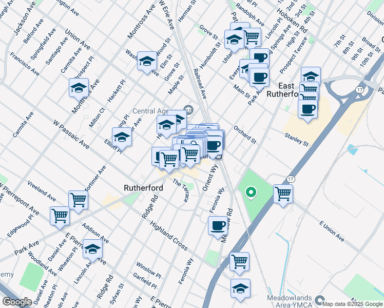 map of restaurants, bars, coffee shops, grocery stores, and more near 44 Park Avenue in Rutherford