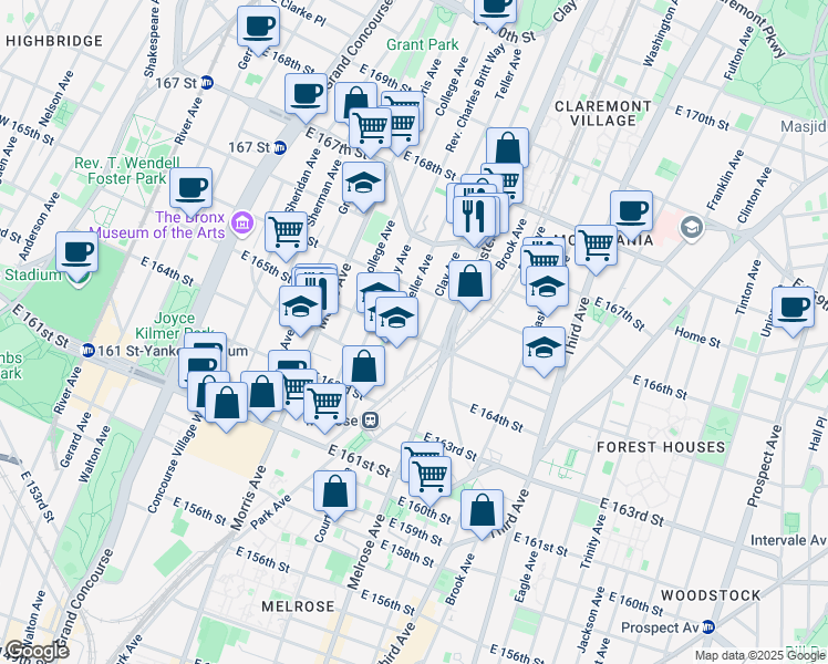 map of restaurants, bars, coffee shops, grocery stores, and more near 371 East 165th Street in Bronx