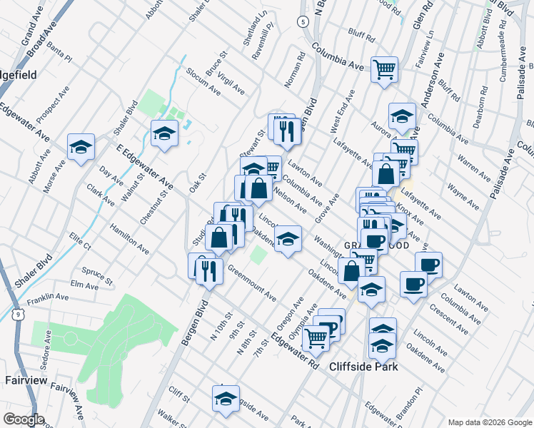 map of restaurants, bars, coffee shops, grocery stores, and more near 498 Washington Avenue in Ridgefield