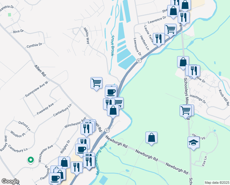 map of restaurants, bars, coffee shops, grocery stores, and more near 2061 New Jersey 57 in Hackettstown