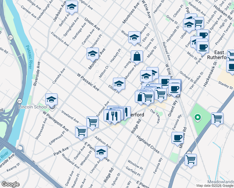 map of restaurants, bars, coffee shops, grocery stores, and more near 201 Mortimer Avenue in Rutherford