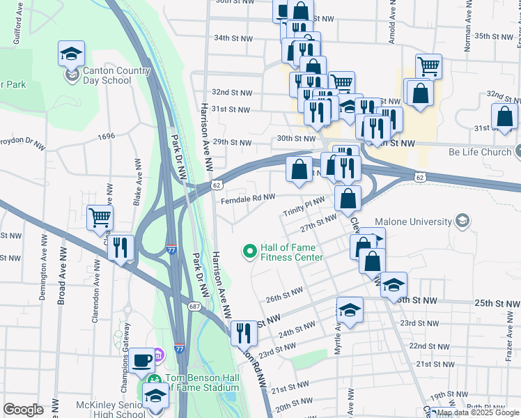 map of restaurants, bars, coffee shops, grocery stores, and more near 1818 Hillcrest Road Northwest in Canton