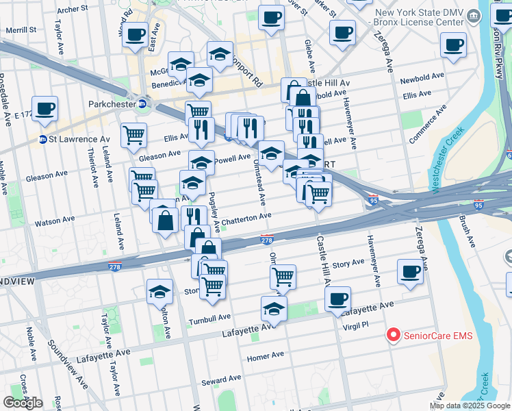 map of restaurants, bars, coffee shops, grocery stores, and more near 2070 Blackrock Avenue in Bronx