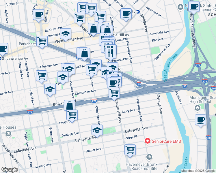 map of restaurants, bars, coffee shops, grocery stores, and more near 2159 Chatterton Avenue in Bronx