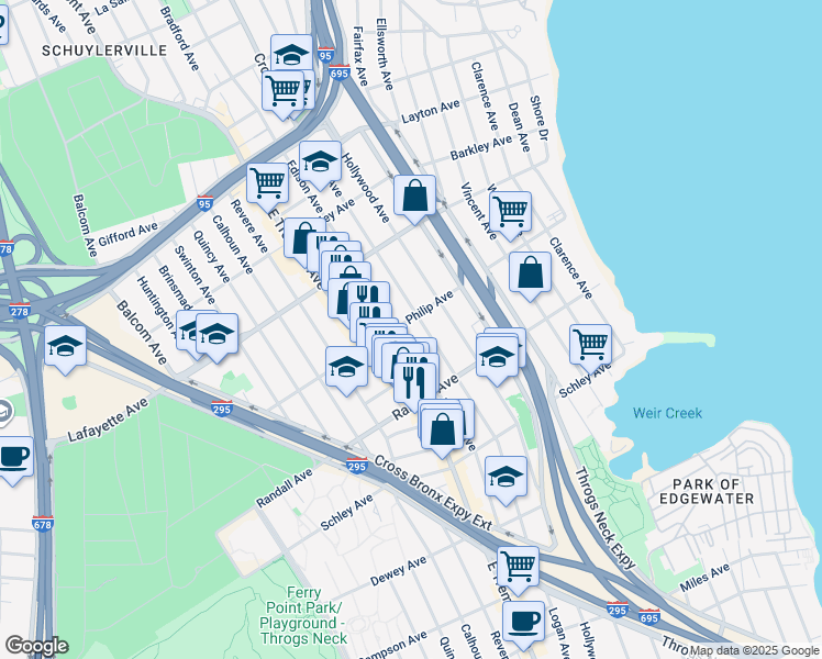 map of restaurants, bars, coffee shops, grocery stores, and more near 803 Edison Avenue in The Bronx
