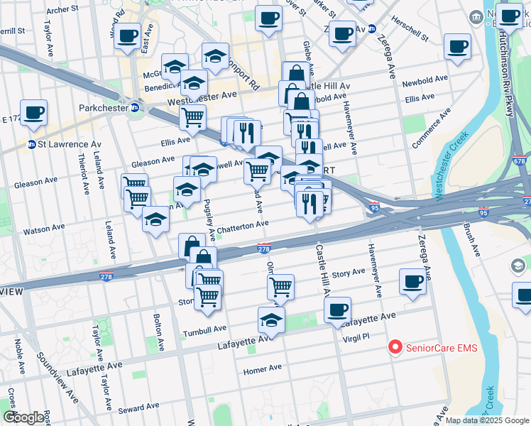 map of restaurants, bars, coffee shops, grocery stores, and more near 2122 Blackrock Avenue in Bronx
