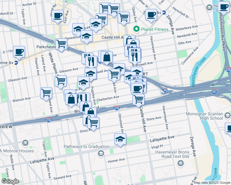 map of restaurants, bars, coffee shops, grocery stores, and more near 2070 Blackrock Avenue in Bronx
