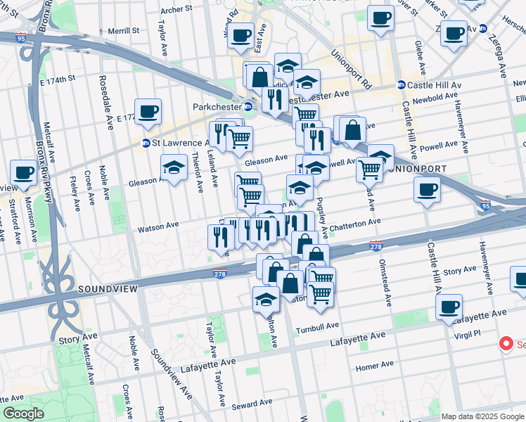 map of restaurants, bars, coffee shops, grocery stores, and more near 1101 Virginia Avenue in The Bronx