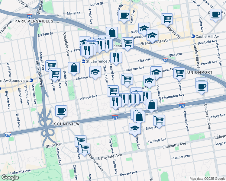 map of restaurants, bars, coffee shops, grocery stores, and more near 1111 Leland Avenue in The Bronx