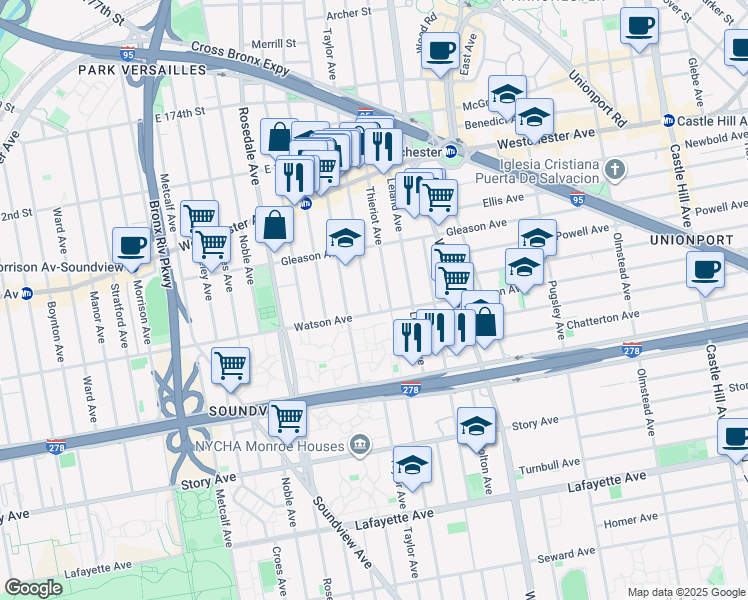 map of restaurants, bars, coffee shops, grocery stores, and more near 1118 Taylor Avenue in Bronx