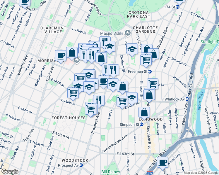 map of restaurants, bars, coffee shops, grocery stores, and more near 1314 Prospect Avenue in Bronx