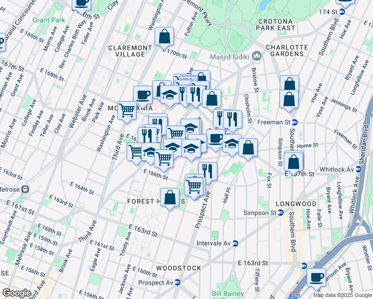 map of restaurants, bars, coffee shops, grocery stores, and more near 1180 Tinton Avenue in Bronx