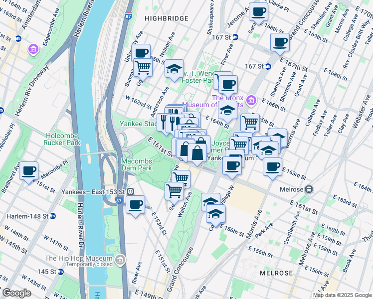 map of restaurants, bars, coffee shops, grocery stores, and more near 45 East 161st Street in The Bronx