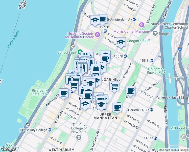 map of restaurants, bars, coffee shops, grocery stores, and more near 531 West 149th Street in New York