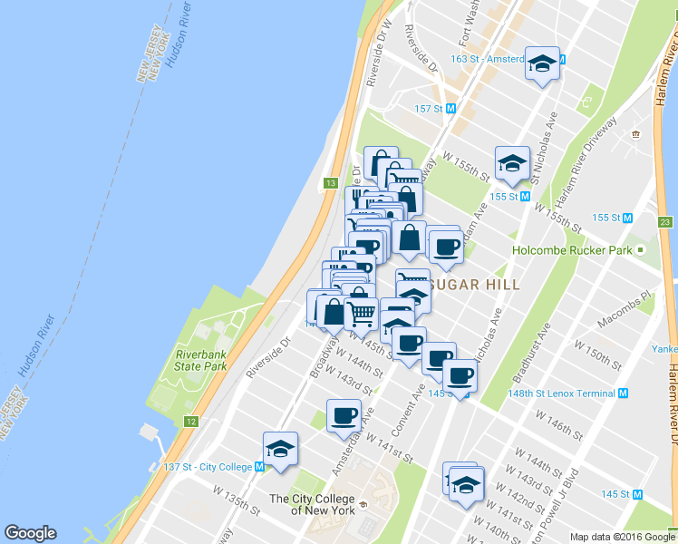 map of restaurants, bars, coffee shops, grocery stores, and more near 618 West 148th Street in New York