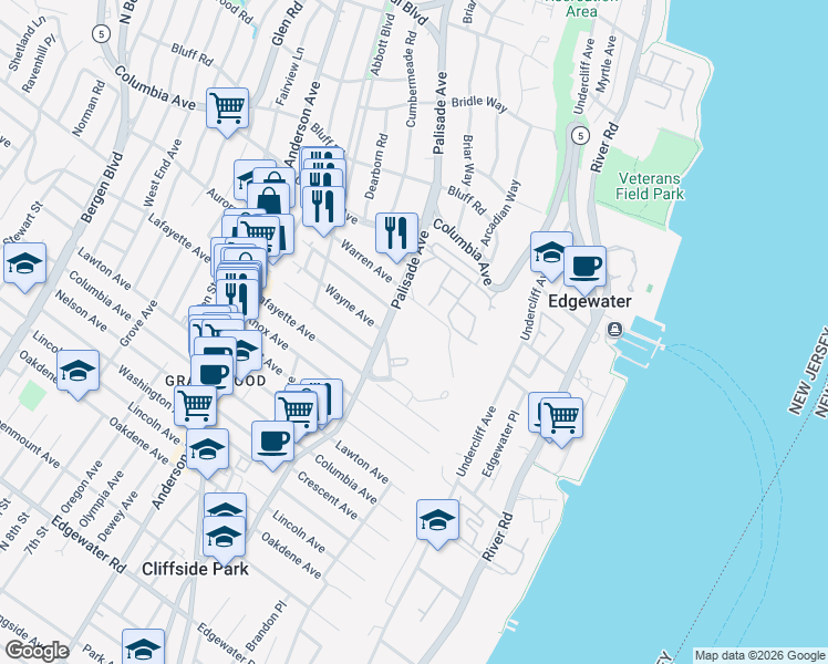 map of restaurants, bars, coffee shops, grocery stores, and more near 300 Winston Drive in Cliffside Park