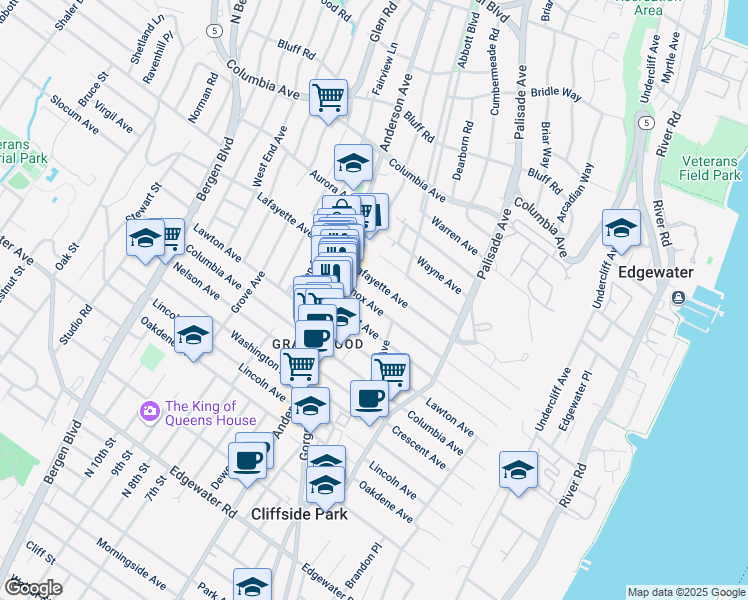 map of restaurants, bars, coffee shops, grocery stores, and more near 272 Lafayette Avenue in Cliffside Park