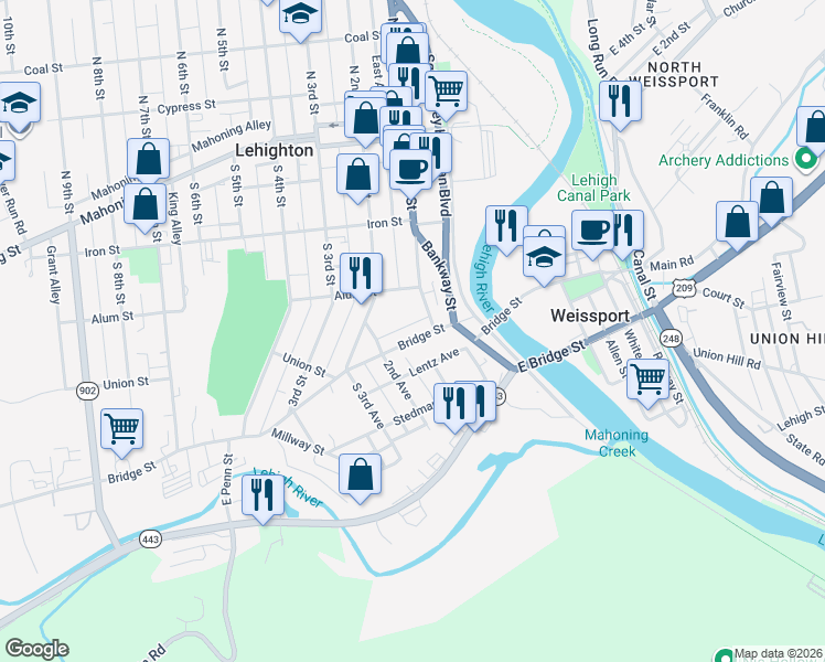map of restaurants, bars, coffee shops, grocery stores, and more near 108 Bridge Street in Weissport