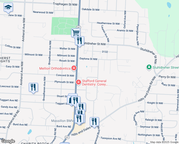 map of restaurants, bars, coffee shops, grocery stores, and more near 3270 Wales Avenue Northwest in Massillon