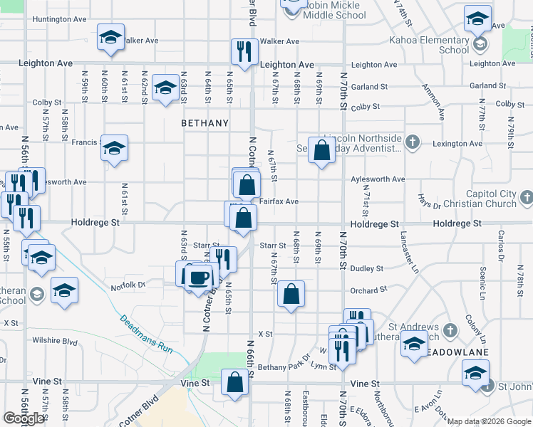 map of restaurants, bars, coffee shops, grocery stores, and more near 1540 North Cotner Boulevard in Lincoln