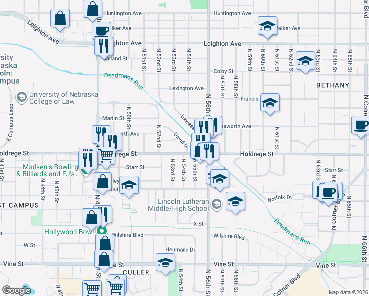 map of restaurants, bars, coffee shops, grocery stores, and more near 1515 David Drive in Lincoln