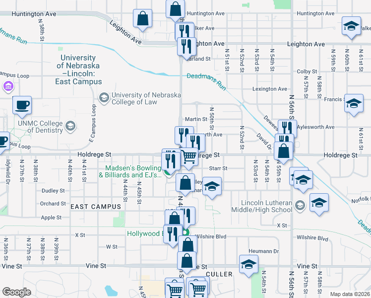 map of restaurants, bars, coffee shops, grocery stores, and more near 4800 Holdrege Street in Lincoln