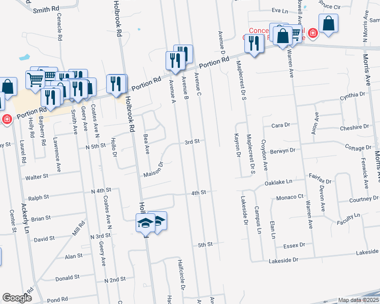 map of restaurants, bars, coffee shops, grocery stores, and more near 187 Avenue A in Holbrook