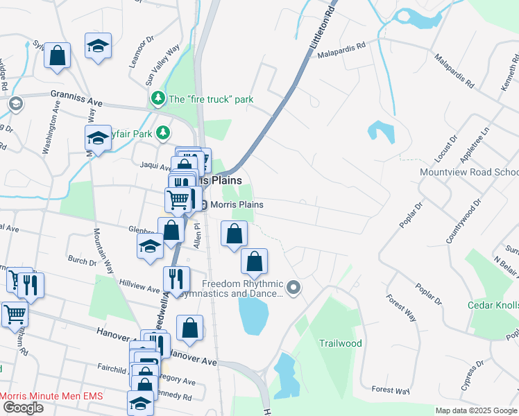 map of restaurants, bars, coffee shops, grocery stores, and more near 2 Beech Drive in Morris Plains