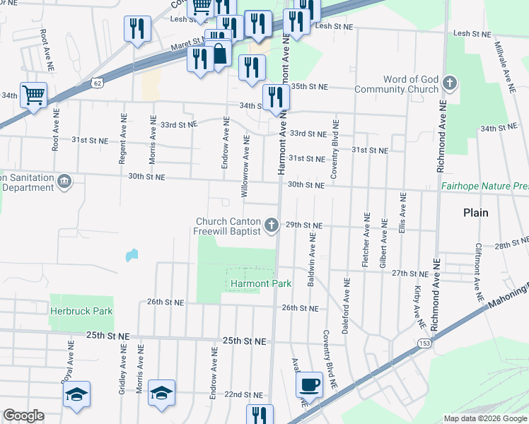 map of restaurants, bars, coffee shops, grocery stores, and more near 3200-3214 Kalahari Street Northeast in Canton