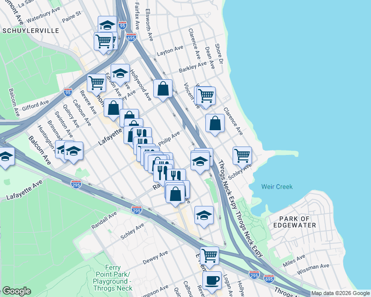 map of restaurants, bars, coffee shops, grocery stores, and more near 722 Hollywood Avenue in The Bronx