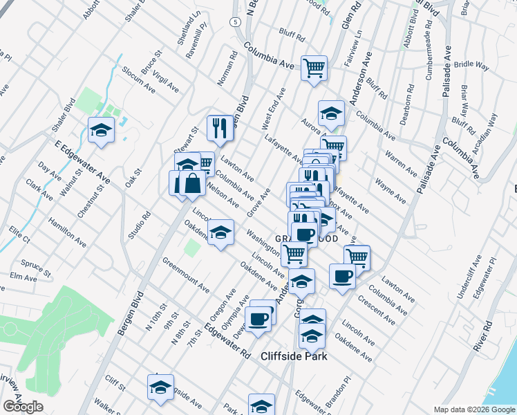 map of restaurants, bars, coffee shops, grocery stores, and more near 651 Grove Avenue in Cliffside Park