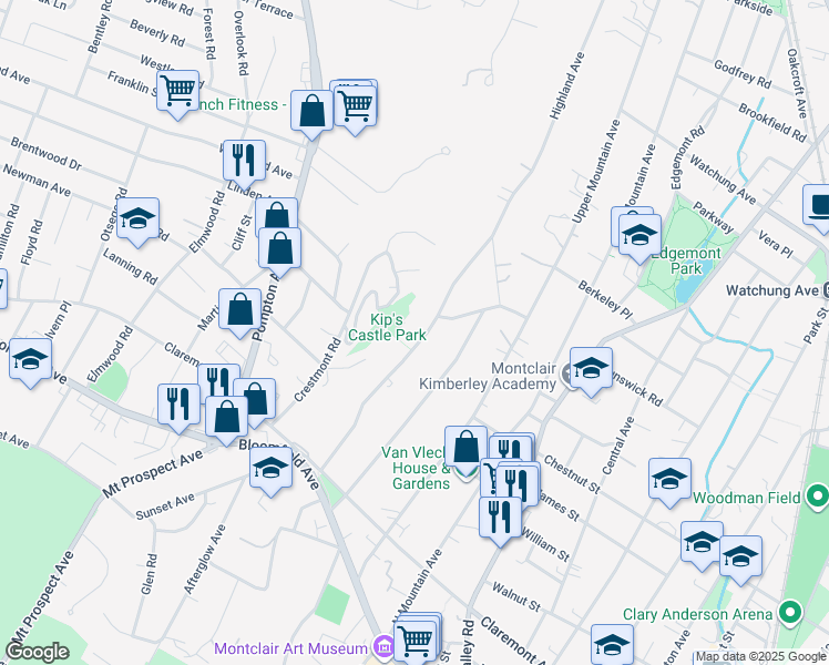 map of restaurants, bars, coffee shops, grocery stores, and more near 74 Highland Avenue in Montclair