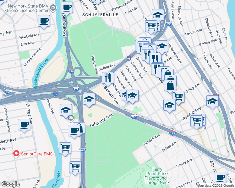 map of restaurants, bars, coffee shops, grocery stores, and more near 2738 Barkley Avenue in The Bronx